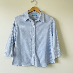 Fresh Produce Women's Button Up Top L Striped Seersucker Coastal Beach Classic